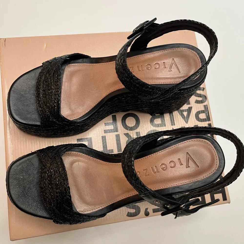 NIB Anthropologie Vicenza Raffia Platform Heels in Black Sz 38 / US 7- 7.5